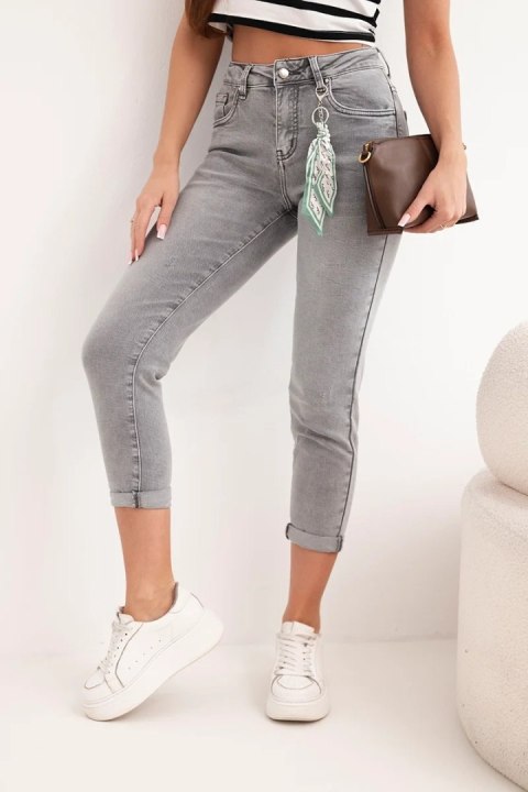 Spodnie damskie jeansowe Mom Fit z wysokim stanem i ozdobnym brelokiem grafitowa