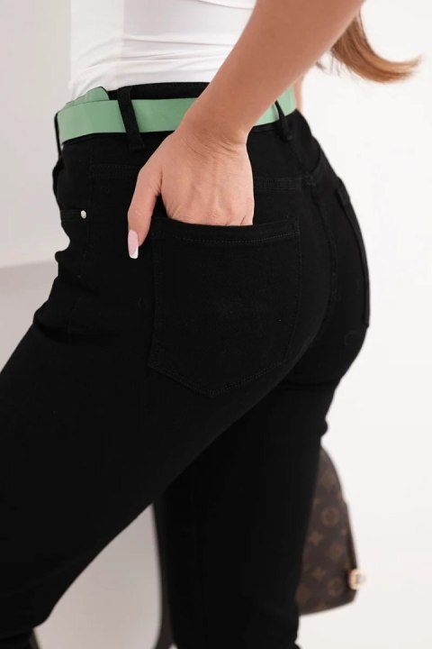 Spodnie damskie jeansowe Mom Fit z wysokim stanem i zielonym paskiem czarne