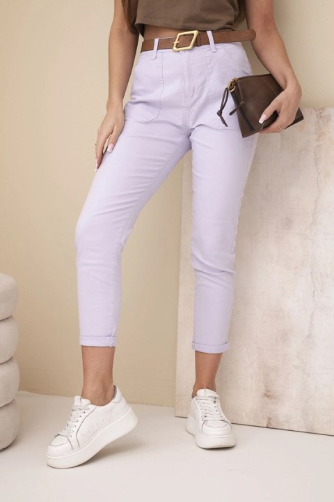 Spodnie damskie wiosenne Boyfriend z wysokim stanem i paskiem M.Sara fioletowe