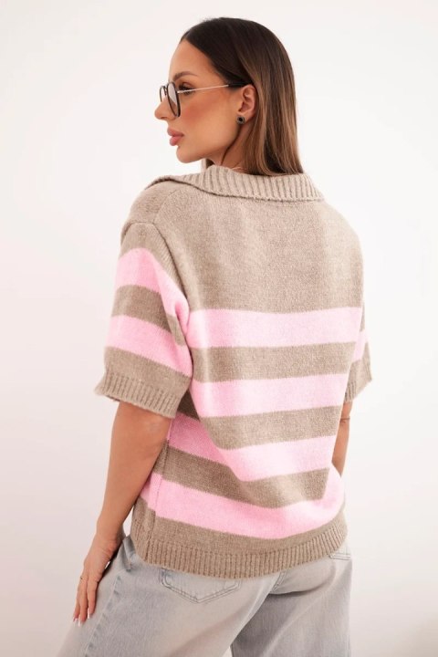 Sweter damski w paski z kołnierzem i krótkim rękawem fango
