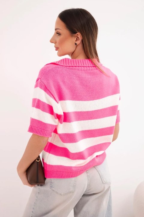 Sweter damski w paski z kołnierzem i krótkim rękawem różowy neon