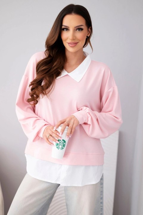 Bluza damska masełkowa z wiskozowy i z koszulową wstawką jasno różowa