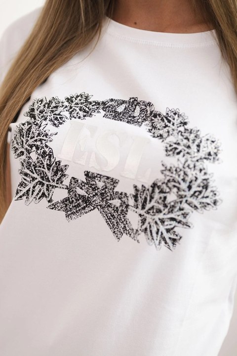 Bluzka damska bawełniana z ozdobnym nadrukiem ESL biała