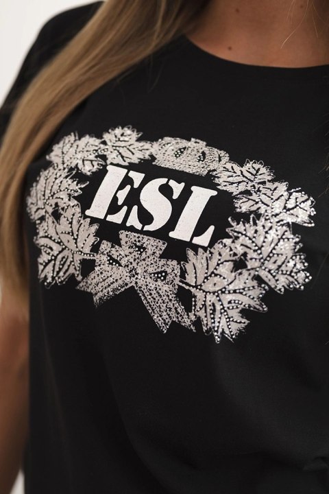 Bluzka damska bawełniana z ozdobnym nadrukiem ESL czarna