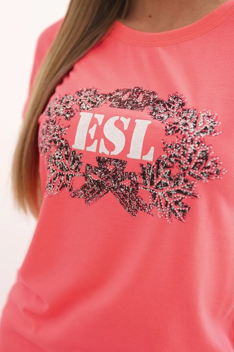Bluzka damska bawełniana z ozdobnym nadrukiem ESL różowy neon