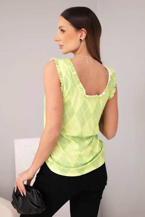 Bluzka damska wiskozowa bez rękawów w romby i falbanką przy dekolcie zielona