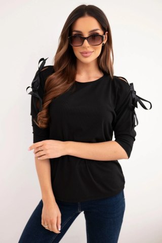 Bluzka damska wiskozowa z ozdobnymi wstążkami czarna