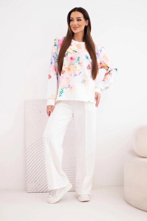Komplet damski masełkowy wiskozowy w kwiaty z szeroką nogawką biały