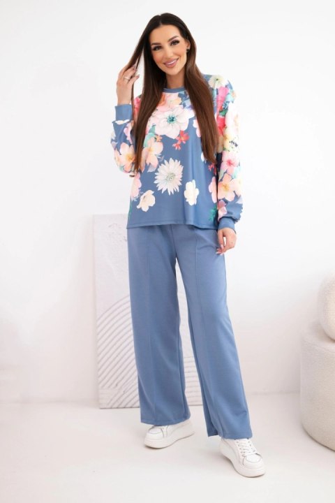 Komplet damski masełkowy wiskozowy w kwiaty z szeroką nogawką jeansowy