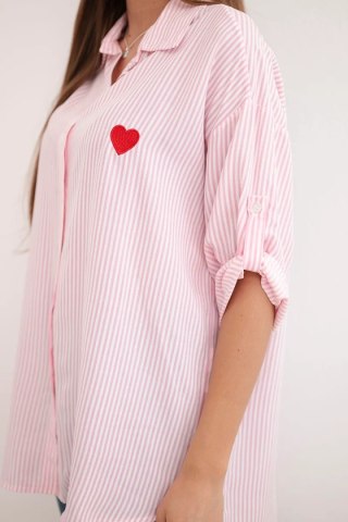Koszula damska bawełniana w paski z haftowanym sercem cukierkowy róż