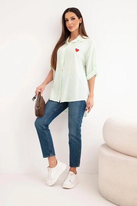 Koszula damska bawełniana w paski z haftowanym sercem miętowa