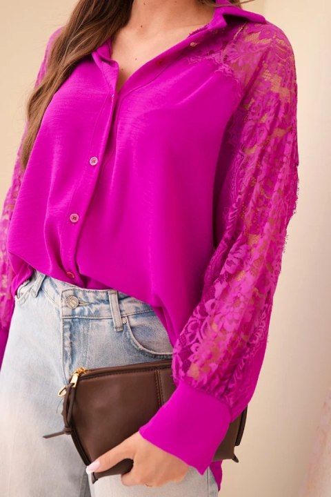 Koszula damska wiskozowa z koronkowymi rękawami i kołnierzykiem ciemno fioletowa