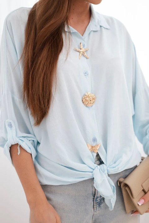 Koszula damska z wiskozą z ozdobnymi guzikami i kołnierzem niebieska