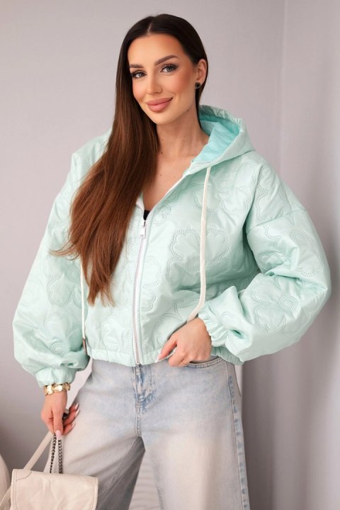 Kurtka damska pikowana z kapturem i ozdobnym tłoczeniem kwiatowym miętowa
