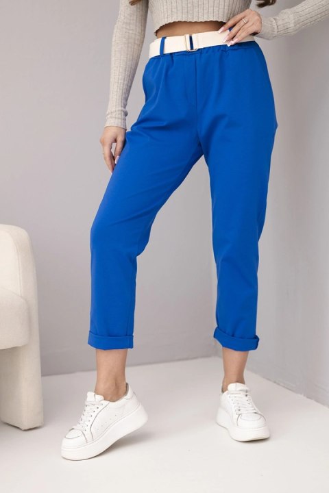 Spodnie damskie bawełniane z paskiem i podwijaną nogawką chabrowe