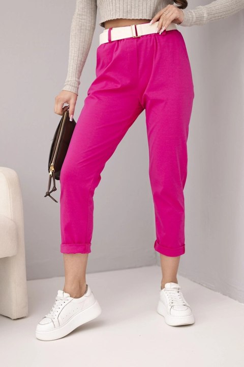 Spodnie damskie bawełniane z paskiem i podwijaną nogawką fuksja