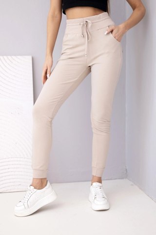 Spodnie damskie dresowe bawełniane z wysokim stanem i wiązaniem beżowe
