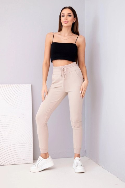 Spodnie damskie dresowe bawełniane z wysokim stanem i wiązaniem beżowe