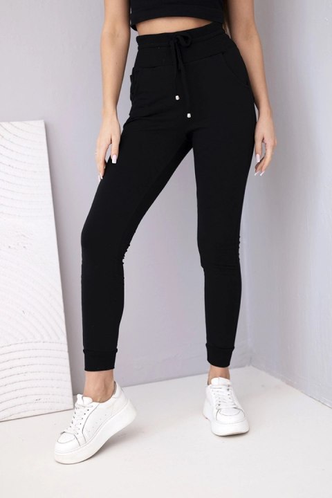 Spodnie damskie dresowe bawełniane z wysokim stanem i wiązaniem czarne