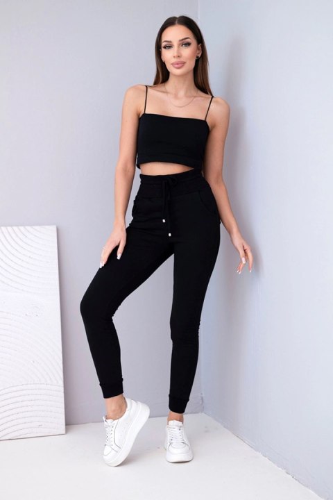 Spodnie damskie dresowe bawełniane z wysokim stanem i wiązaniem czarne