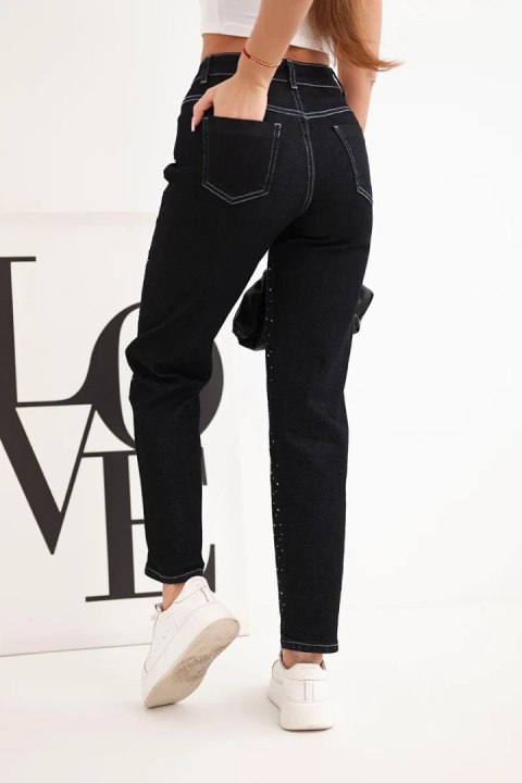 Spodnie damskie jeansowa z wysokim stanem i zdobieniami czarne