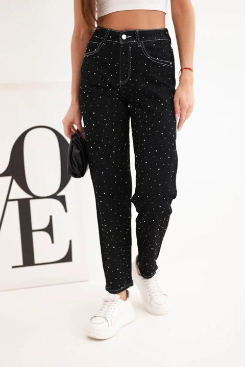 Spodnie damskie jeansowa z wysokim stanem i zdobieniami czarne