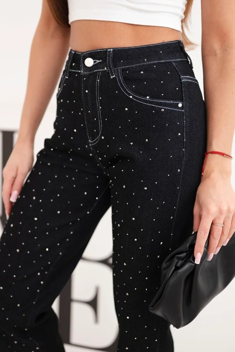 Spodnie damskie jeansowa z wysokim stanem i zdobieniami czarne