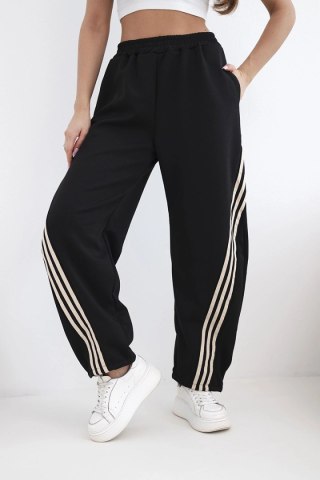 Spodnie damskie masełkowe z wiskozy z lampasem czarny + beżowy