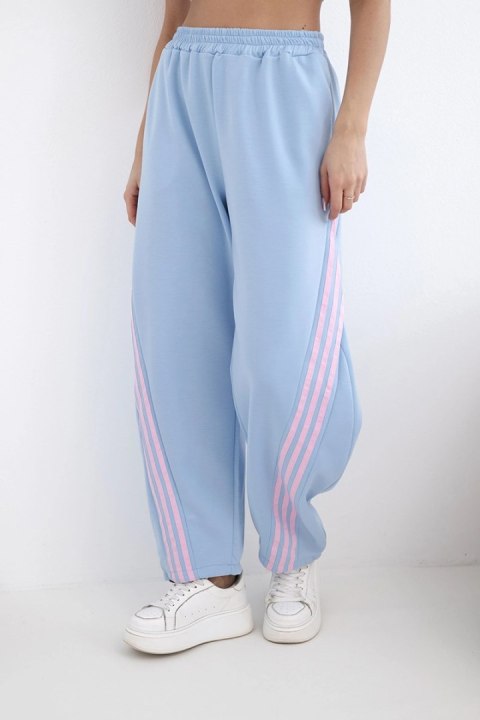 Spodnie damskie masełkowe z wiskozy z lampasem niebieskie