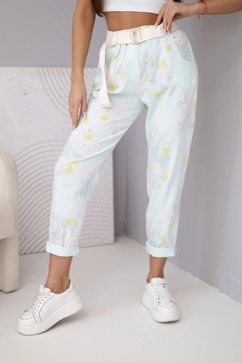 Spodnie damskie wiskozowe w kwiaty z paskiem miętowe