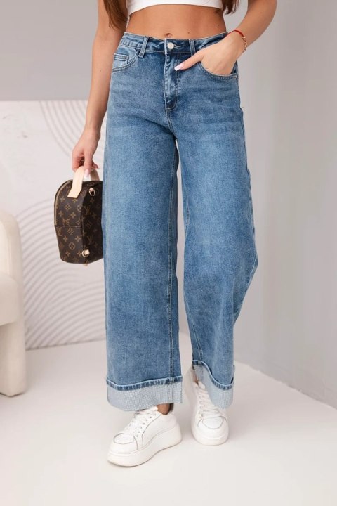 Spodnie damskie z szeroką nogawką i zdobionym dołem jeansowe