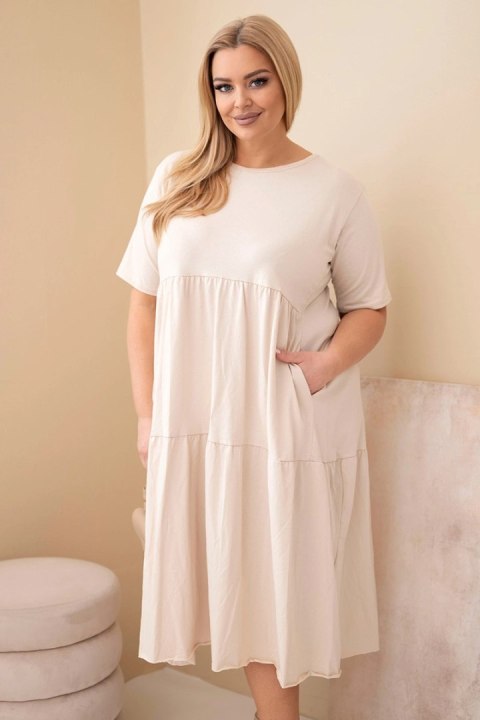 Sukienka damska bawełniana Plus Size z krótkim rękawem i falbaną beżowa