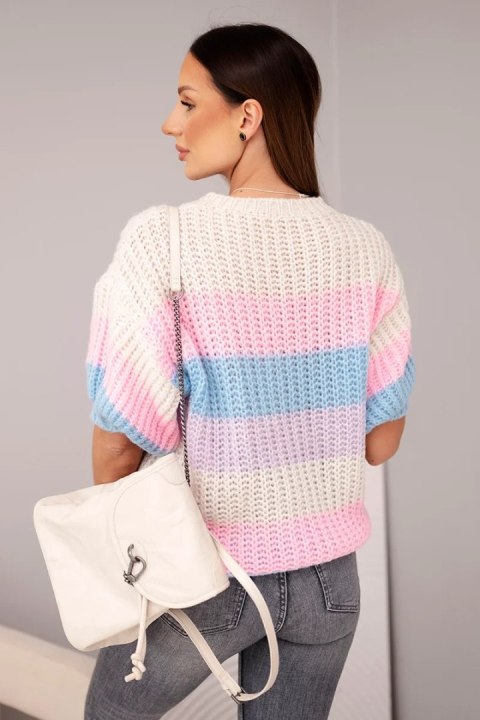 Sweter damski ażurowy w kolorowe pasy z krótkim rękawem beżowy