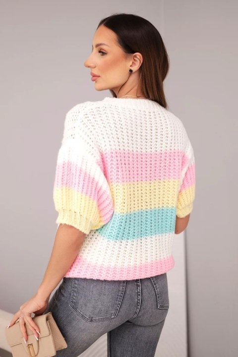 Sweter damski ażurowy w kolorowe pasy z krótkim rękawem ecru