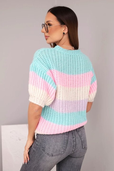 Sweter damski ażurowy w kolorowe pasy z krótkim rękawem miętowy