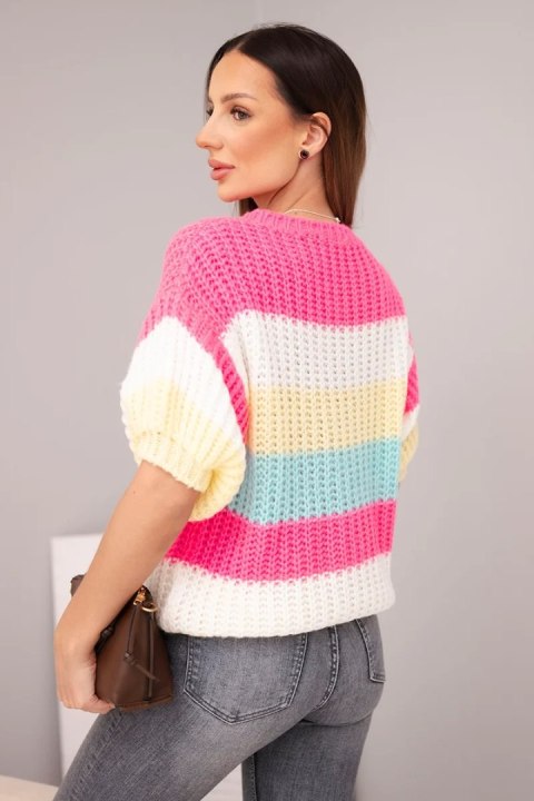 Sweter damski ażurowy w kolorowe pasy z krótkim rękawem różowy neon
