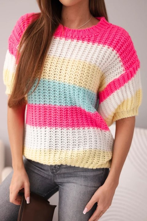 Sweter damski ażurowy w kolorowe pasy z krótkim rękawem różowy neon