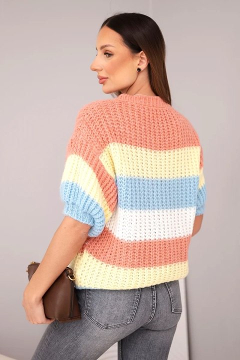 Sweter damski ażurowy w kolorowe pasy z krótkim rękawem rudy