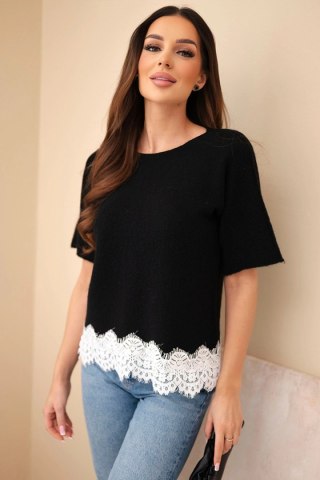 Sweter damski z krótkim rękawem i koronką czarny