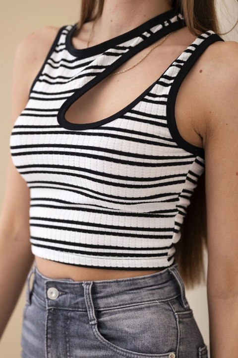 Top damski prążkowany bez rękawów w paski z wycięciem czarna