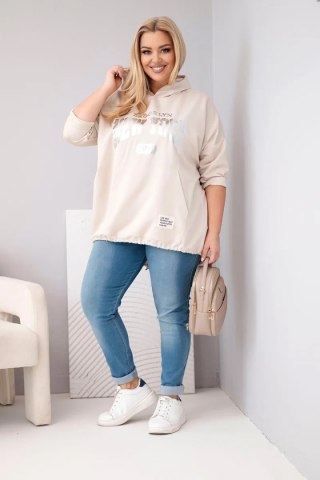 Bluza damska Plus Size wiskozowa z kapturem i kieszenią kangurką beżowa