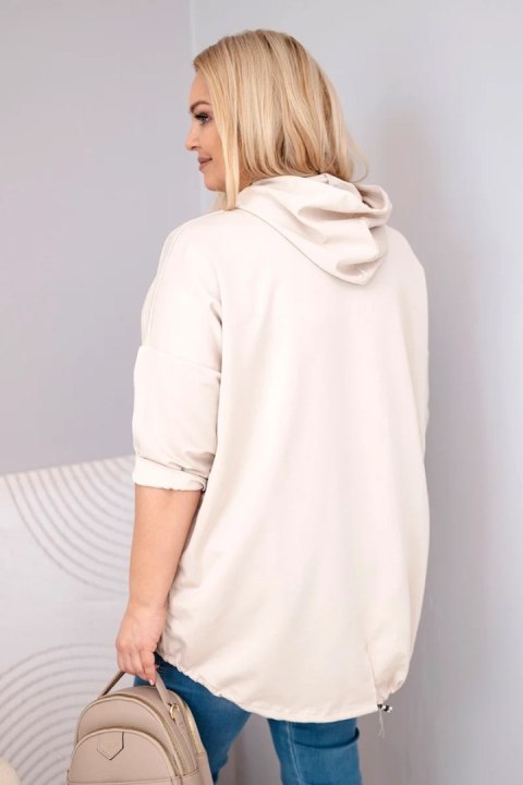 Bluza damska Plus Size wiskozowa z kapturem i kieszenią kangurką beżowa