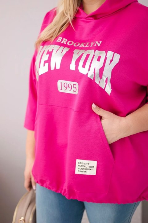 Bluza damska Plus Size wiskozowa z kapturem i kieszenią kangurką fuksja