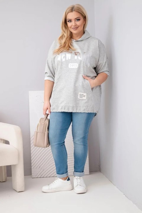 Bluza damska Plus Size wiskozowa z kapturem i kieszenią kangurką szary melanż