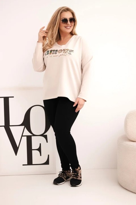 Bluza damska Plus Size z napisem i dekoltem V beżowa