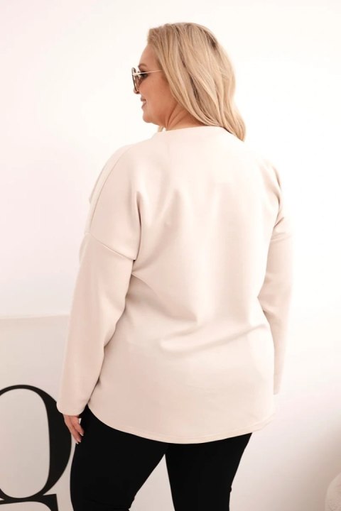 Bluza damska Plus Size z napisem i dekoltem V beżowa