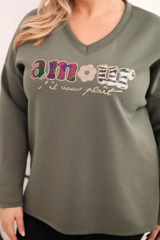 Bluza damska Plus Size z napisem i dekoltem V khaki