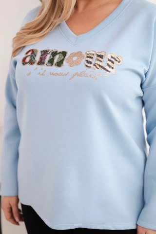 Bluza damska Plus Size z napisem i dekoltem V niebieska