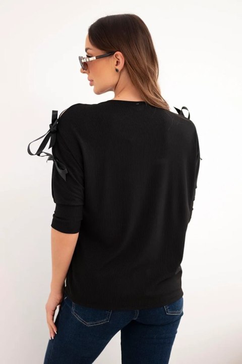 Bluzka damska wiskozowa z ozdobnymi wstążkami czarna