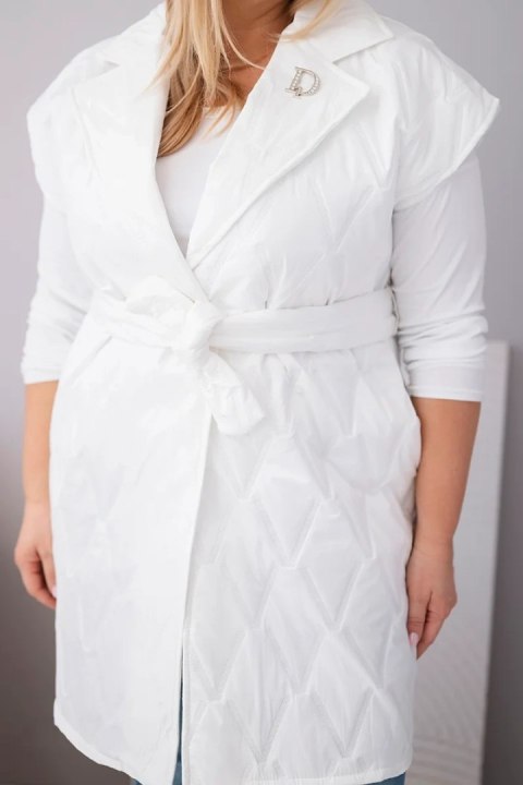 Kamizelka damska Plus Size pikowana z paskiem i kołnierzem biała